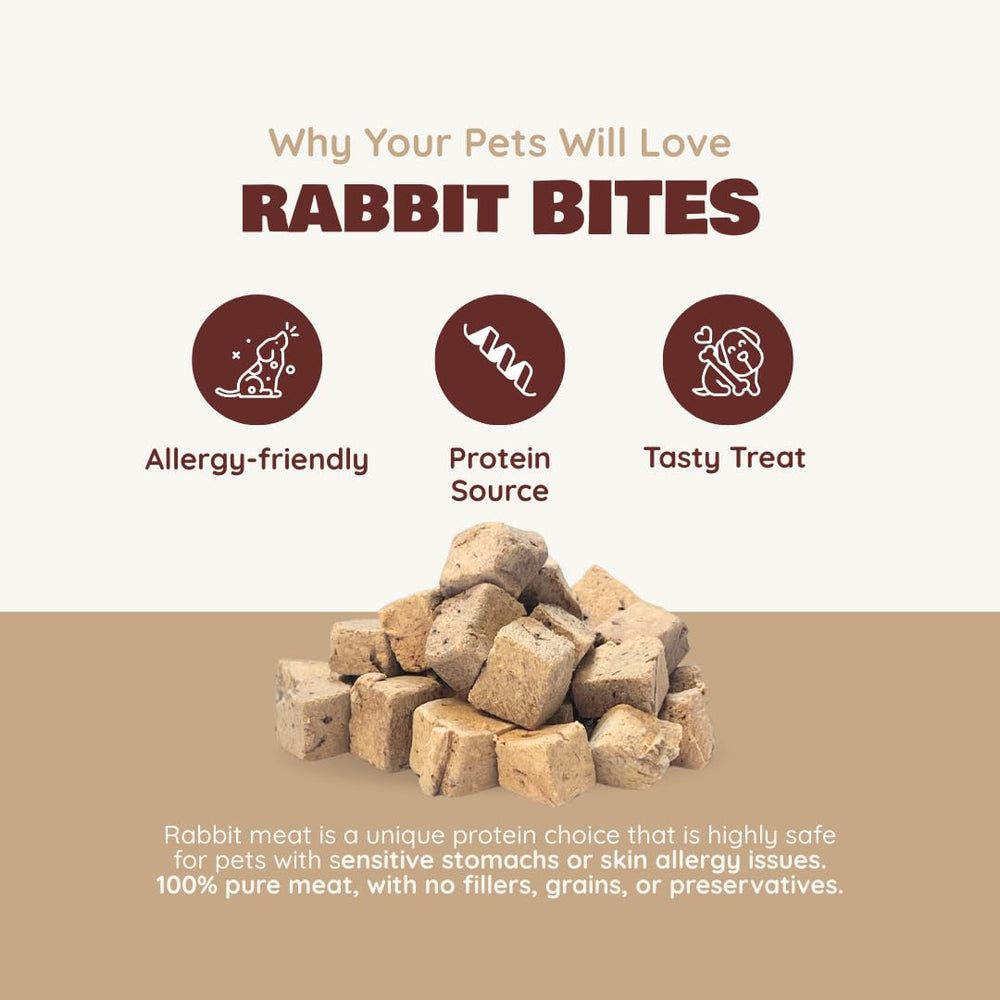 Benji & Louie bouchées lapin lyophilisées, sans additifs, goût délicat.