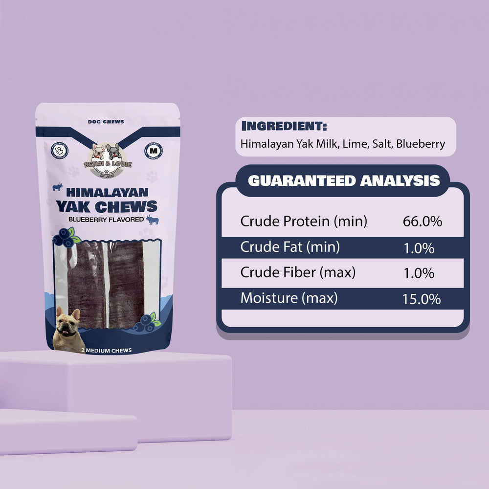 Benji & Louie Yak Chews – goût myrtille avec lait yak himalayen.