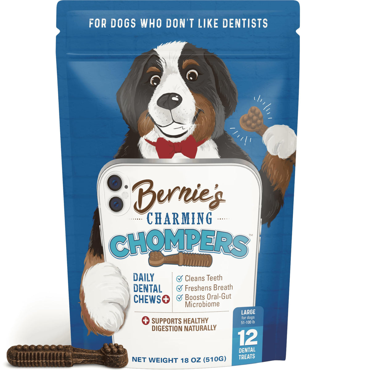 Bernie's Machoires Charmantes – emballage montrant le soin dentaire quotidien pour chiens.