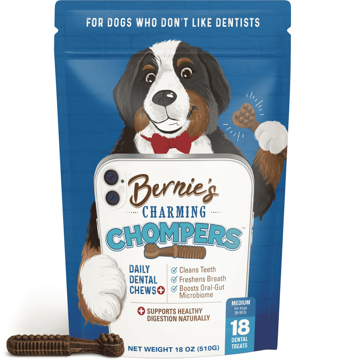 Bernie's Charming Chompers en paquet de 18 gommes dentaires, pratique pour l'hygiène dentaire.