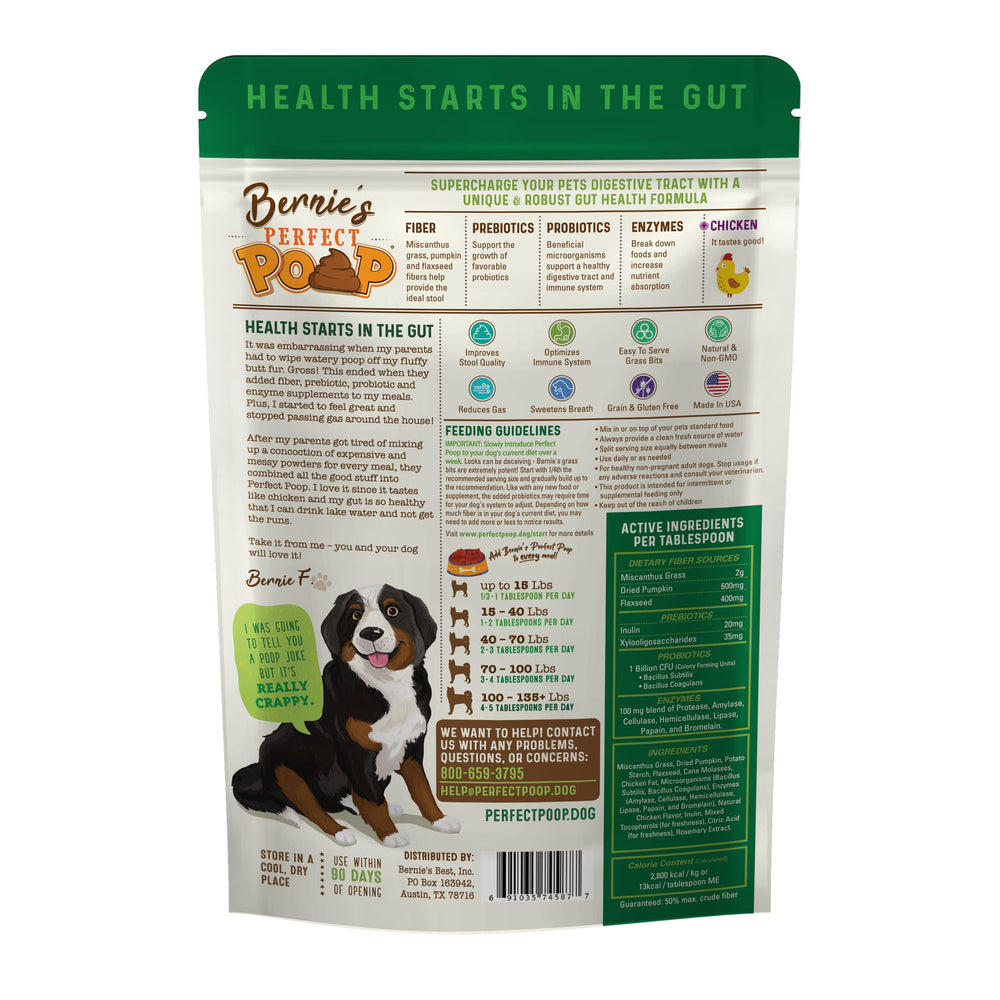Bernie's Perfect Poop, détail texture fibres, fibres premium soutenant potentiellement une digestion équilibrée.