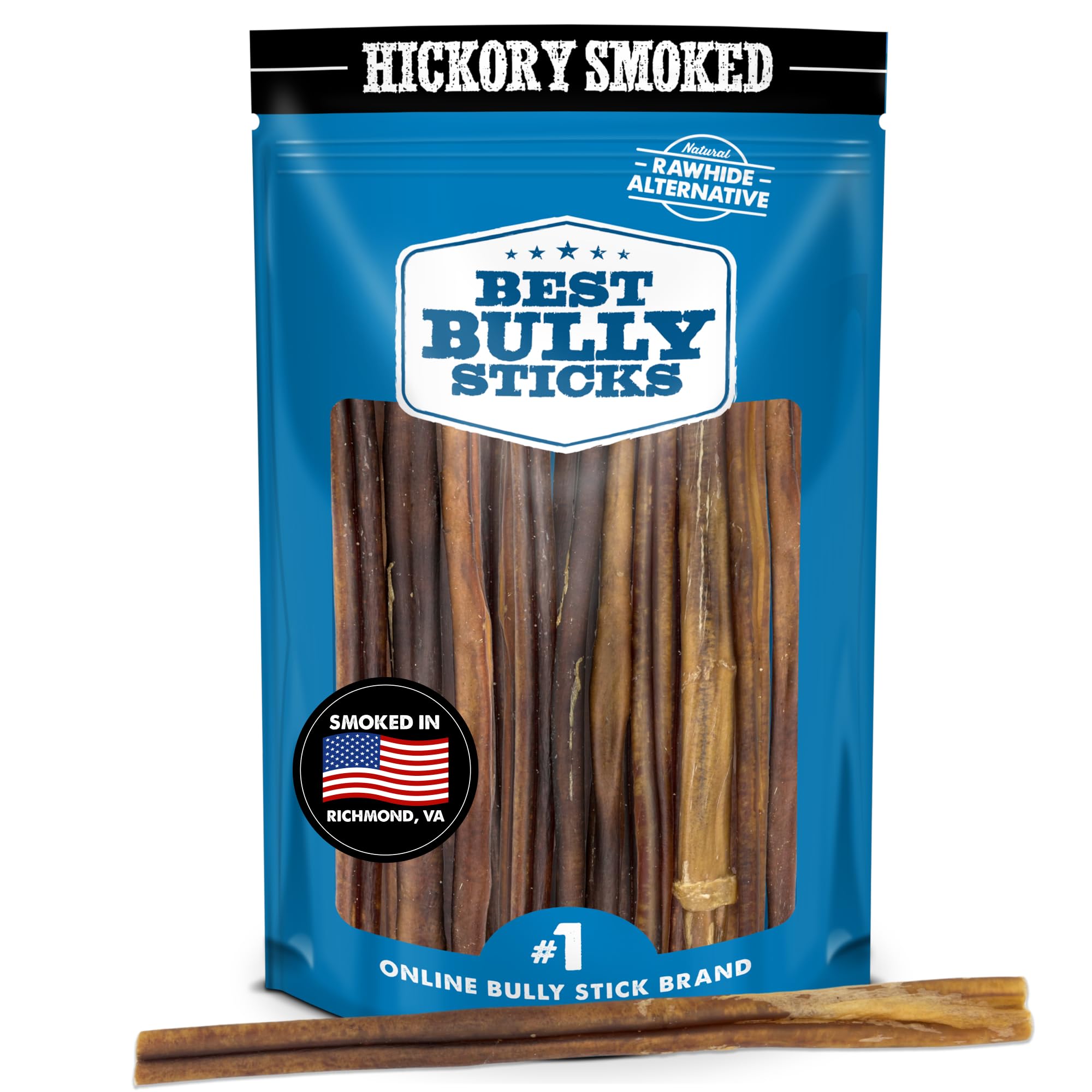 Bâton Best Bully Sticks épais fumé au hickory, friandise durable pour chien.