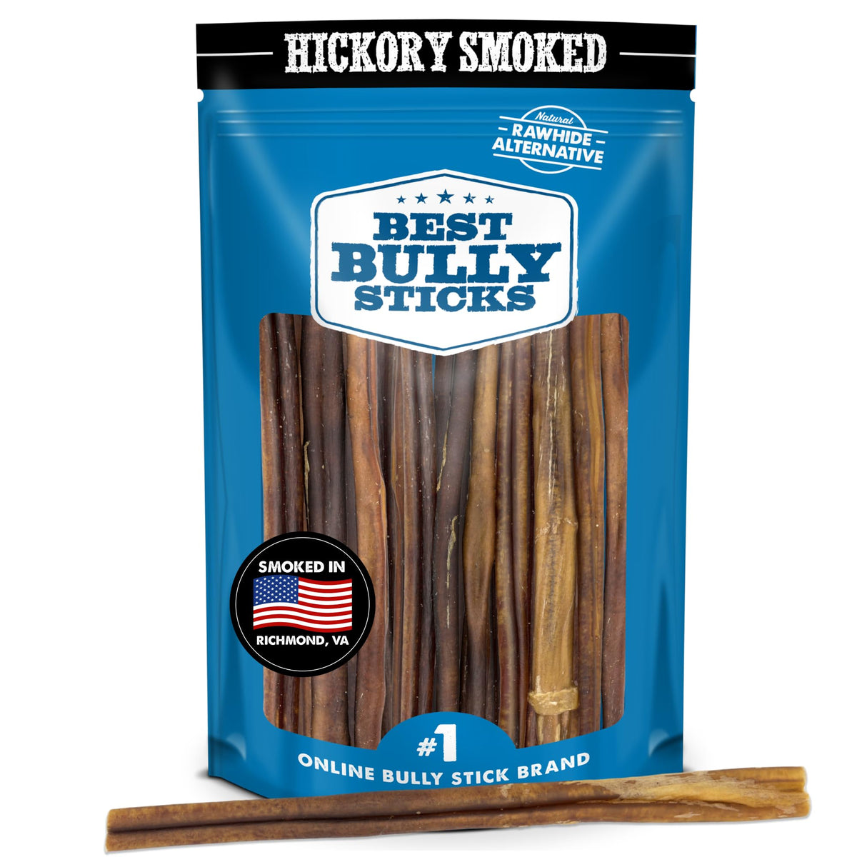 Bâton Best Bully Sticks épais fumé au hickory, friandise durable pour chien.