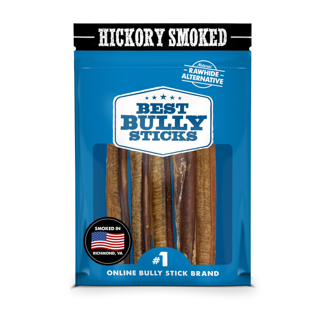 Best Bully Sticks – emballage du pack de 5 bâtonnets hickory fumé de 6 pouces, prêt à offrir.
