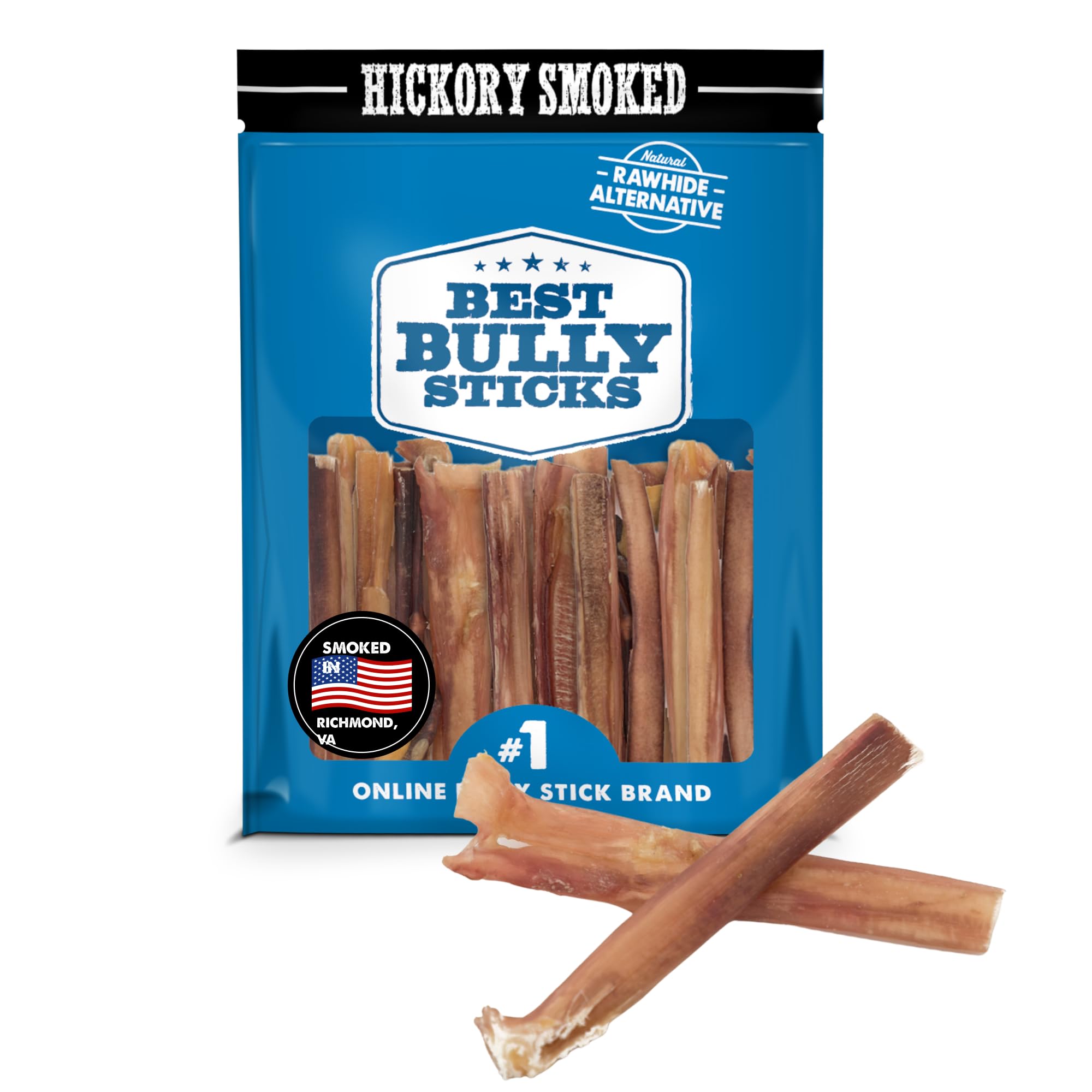 Best Bully Sticks bâtonnets fumés au hickory, 4 pouces, récompense idéale pour chiens.