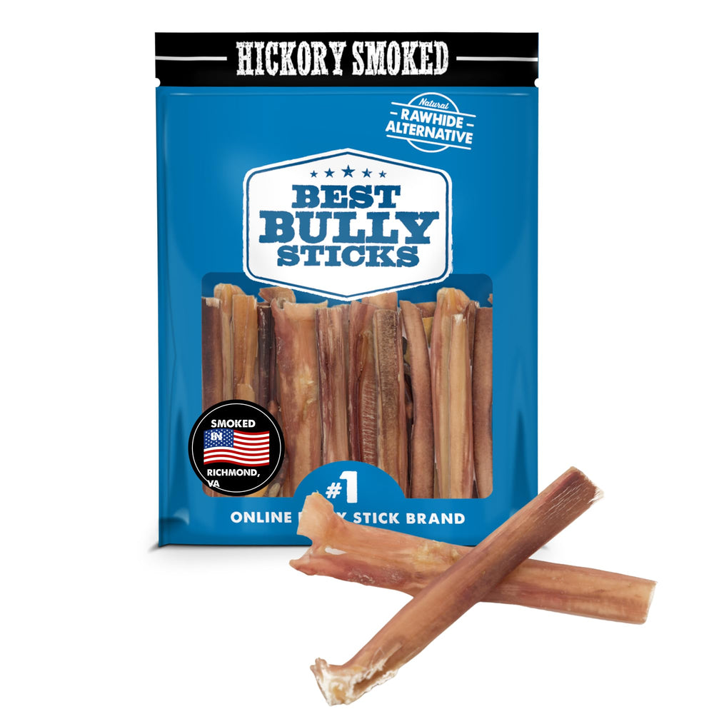 Best Bully Sticks bâtonnets fumés au hickory, 4 pouces, récompense idéale pour chiens.