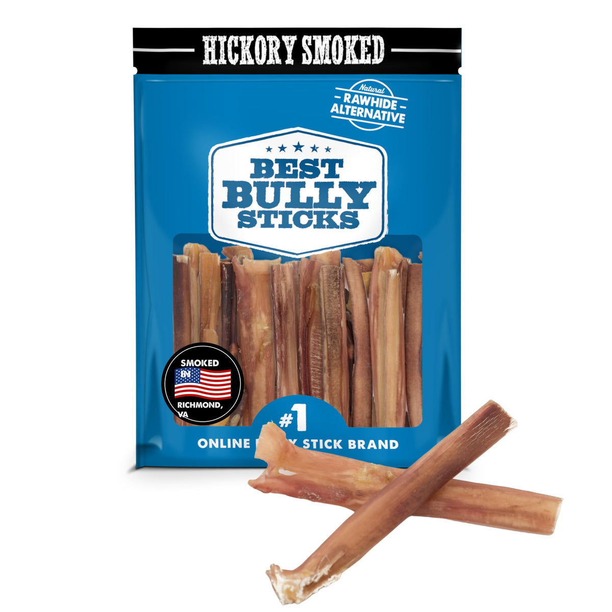 Best Bully Sticks bâtonnets fumés au hickory, 4 pouces, récompense idéale pour chiens.