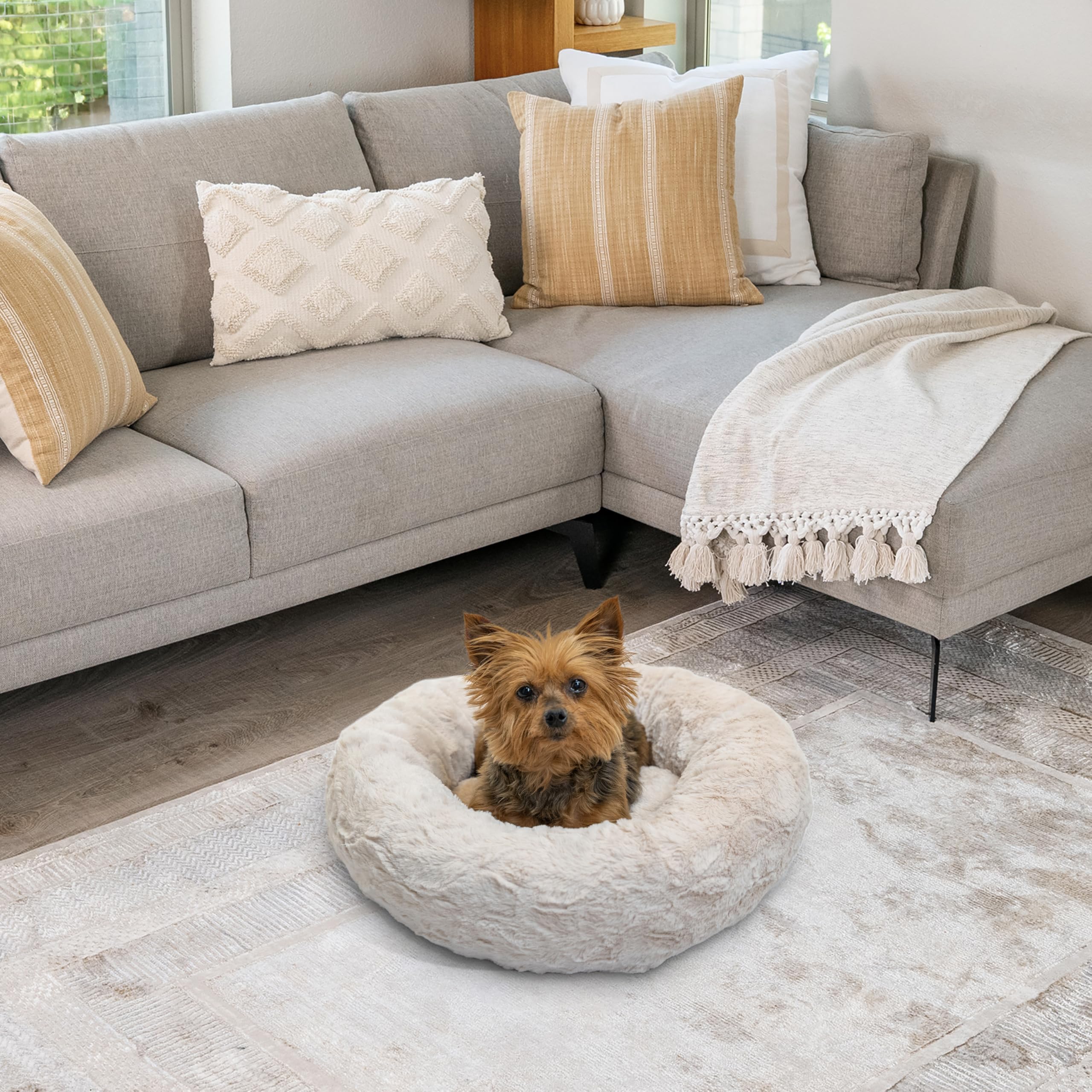 Ambiance intérieure chaleureuse avec le lit beignet oyster Best Friends par Sheri.