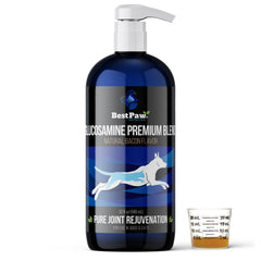 Best Paw Nutrition glucosamine liquide dans une bouteille avec pompe, dosage facile.