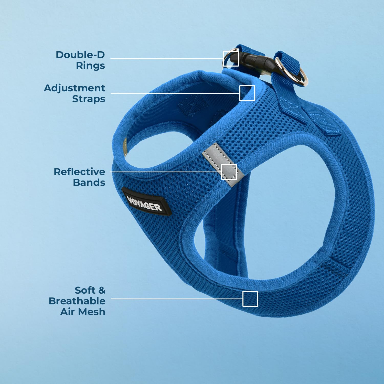 Fermeture par velcro et sécurité renforcée par boucle et doubles anneaux.