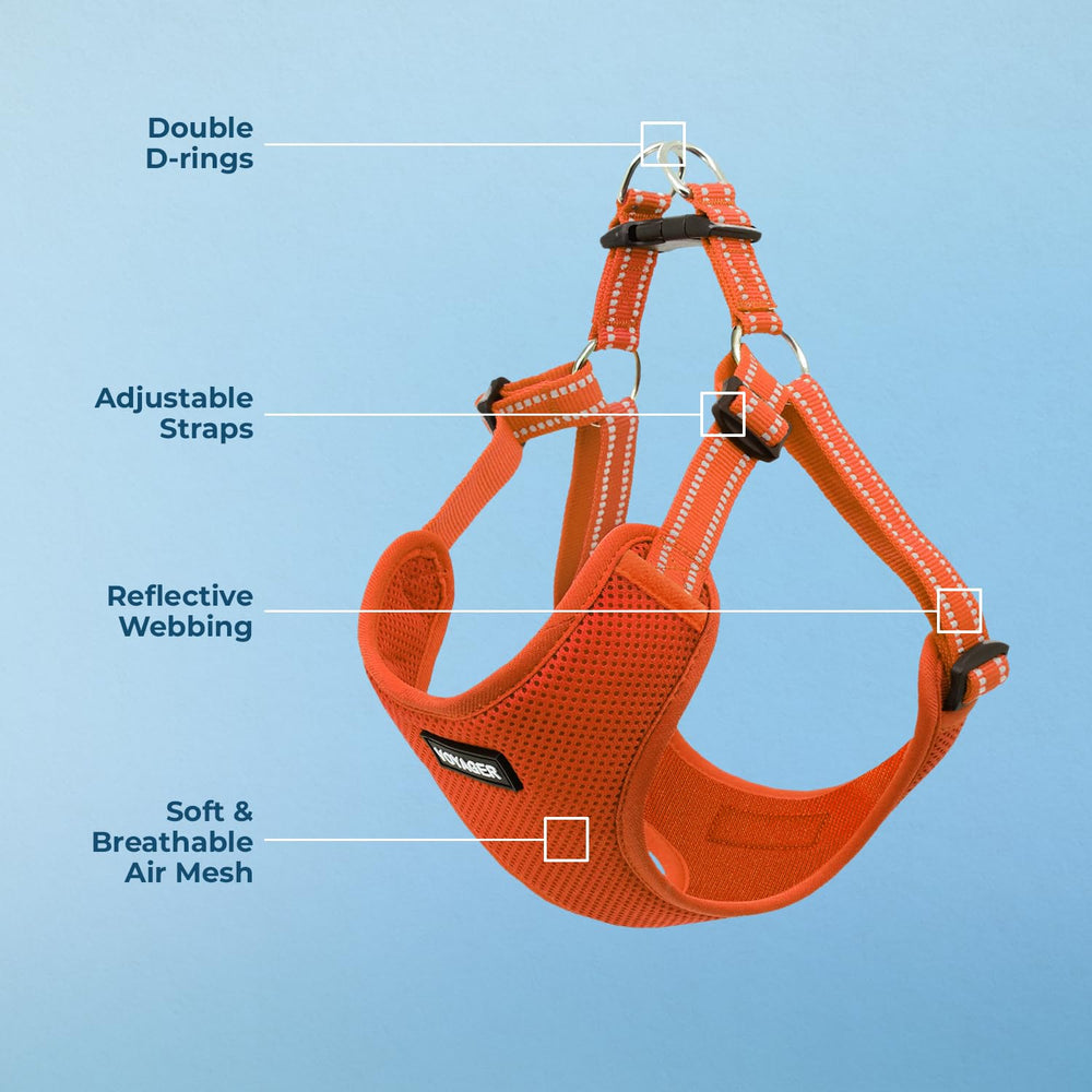 Harnais Voyager orange avec fermeture rapide, mise en place sans stress.