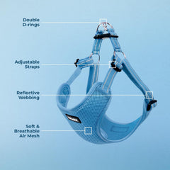 Best Pet Supplies Voyager harnais reglable bleu, ajustement rapide pour chiens de petite à grande taille.