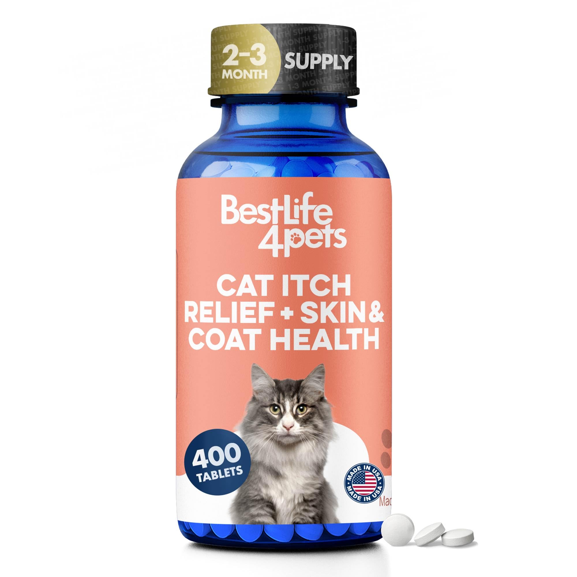 BestLife4Pets relief peau chat – flacon et comprimés faciles à administrer.
