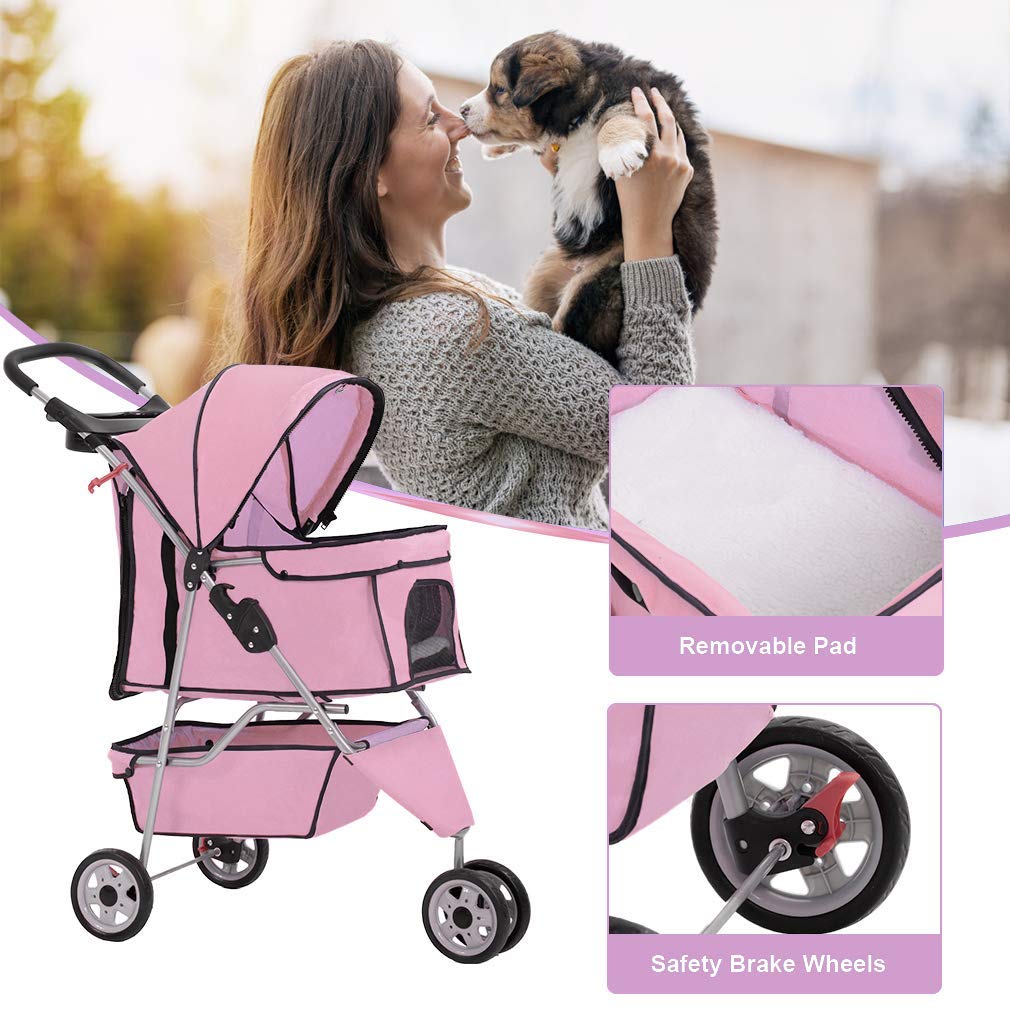 BestPet Poussette 3 Roues Rose – grand espace de rangement pratique.