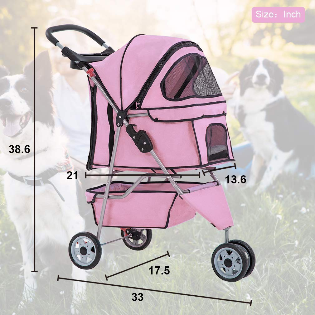 BestPet Poussette 3 Roues Rose – pliable pour voyage et rangement.