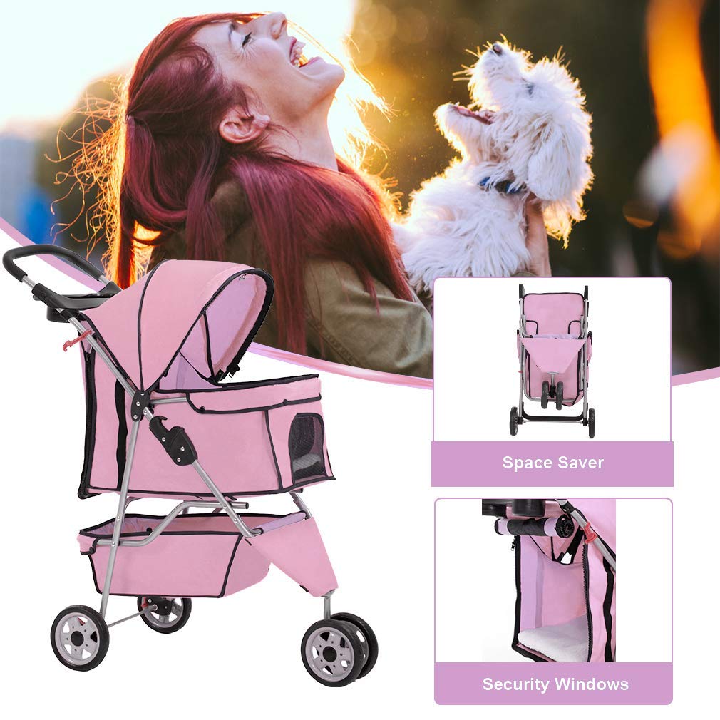 BestPet Poussette 3 Roues Rose – roues 360° pour maniabilité.