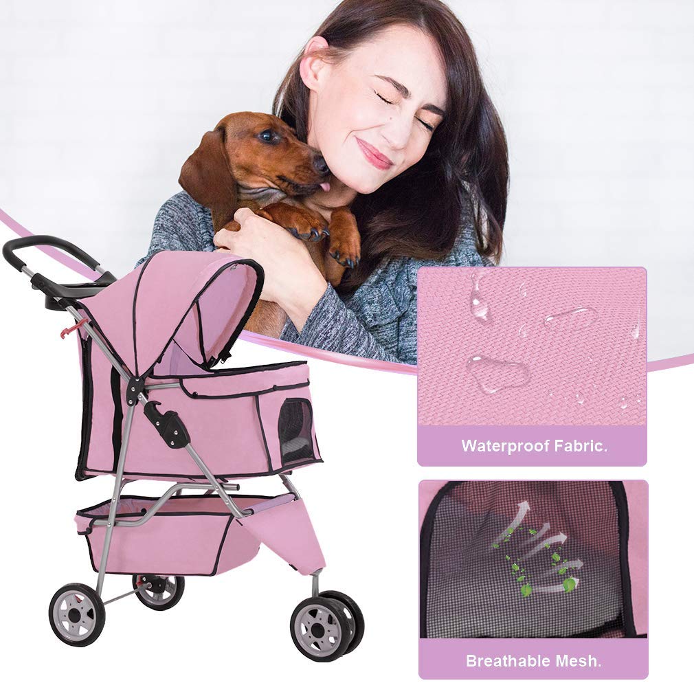 BestPet Poussette 3 Roues Rose – tissu imperméable et durable.