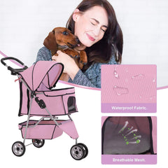 BestPet Poussette 3 Roues Rose – tissu imperméable et durable.