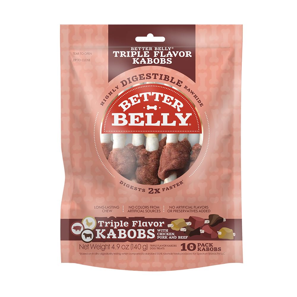 Better Belly Kabobs triple saveurs poulet-porc-boeuf, os à mâcher longue durée.