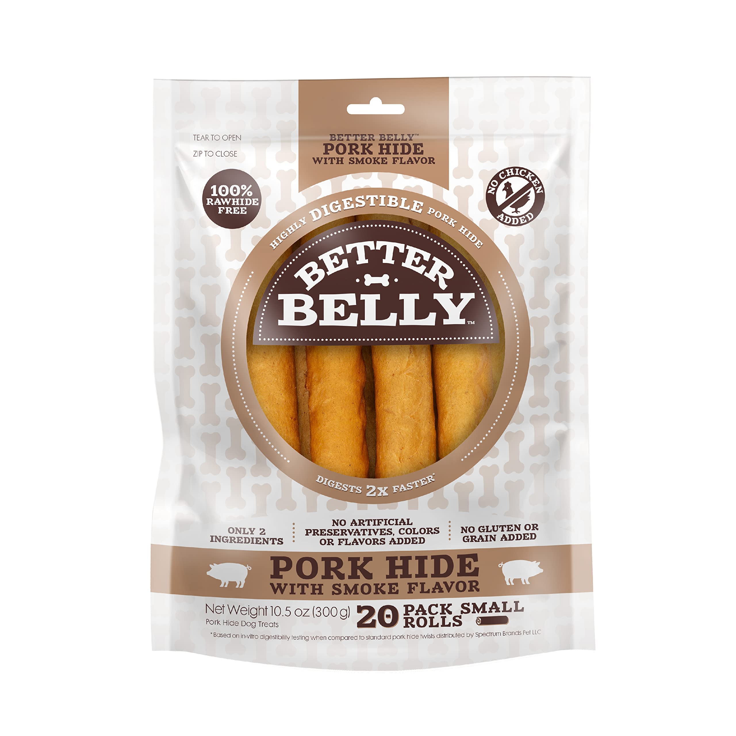 Better Belly rouleau peau de porc saveur fumée, digestible et apprécié par les chiens.
