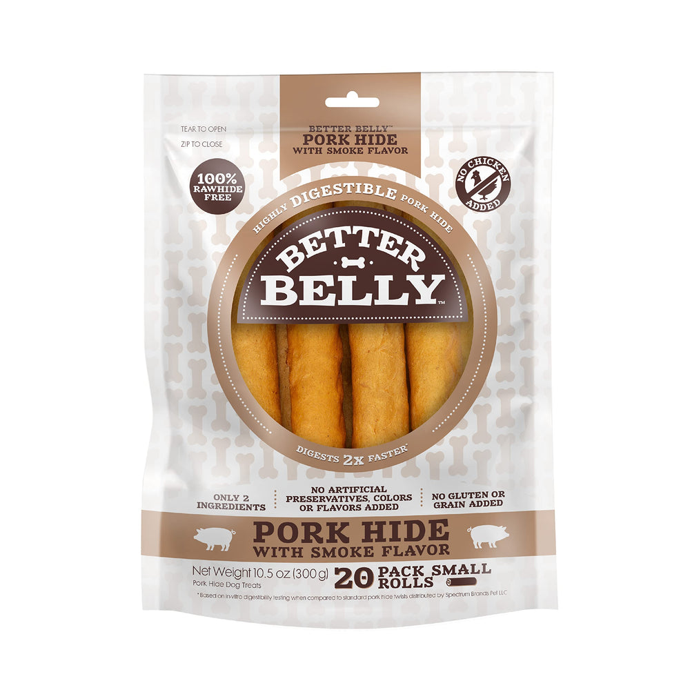 Better Belly rouleau peau de porc saveur fumée, digestible et apprécié par les chiens.