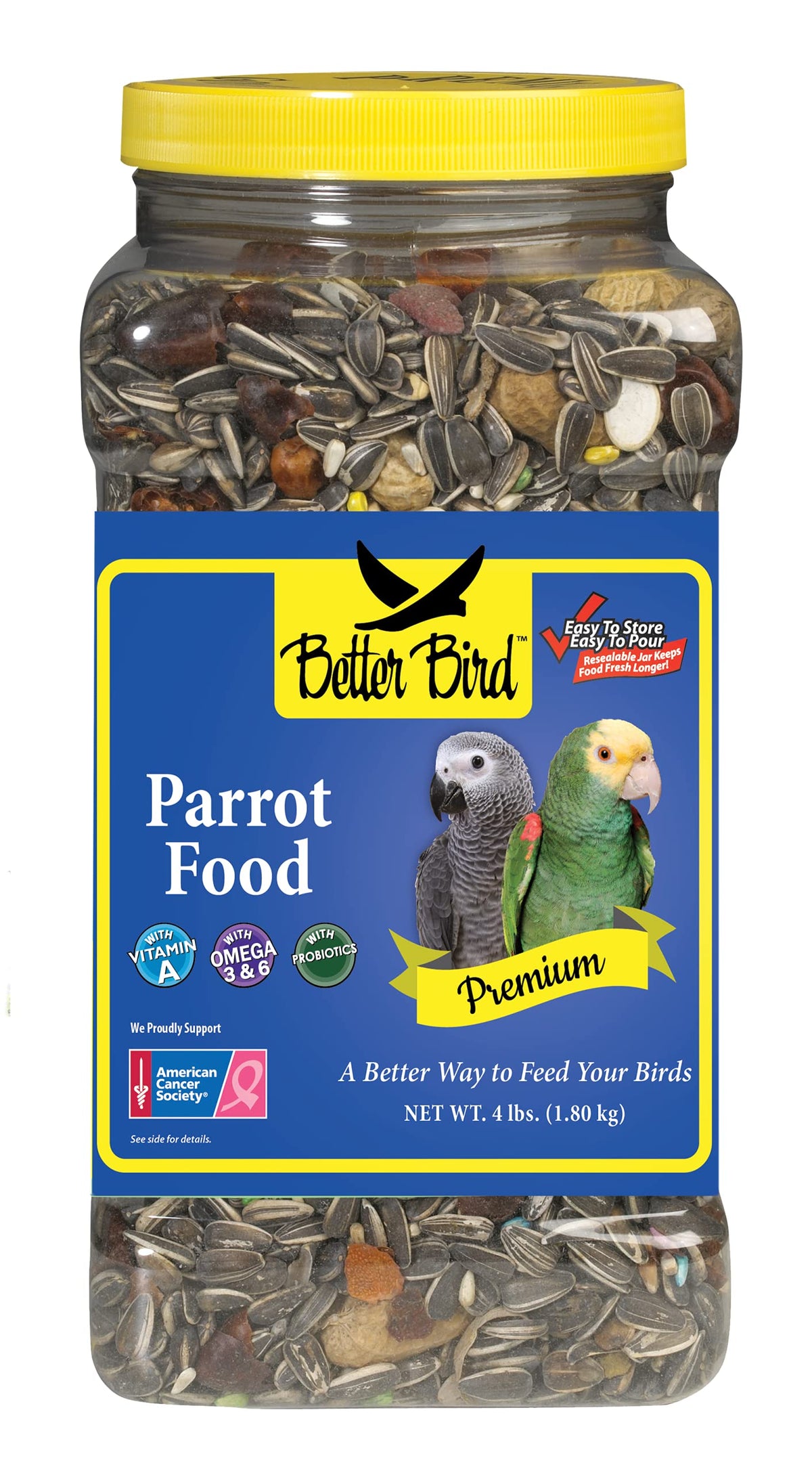 Better Bird pot nourriture premium pour perroquets, pratique et variée.