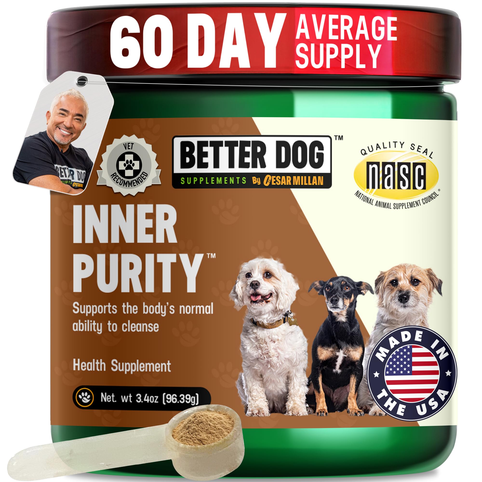 Better Dog Supplements Inner Purity – étiquette bouteille, utilisation simple au quotidien.