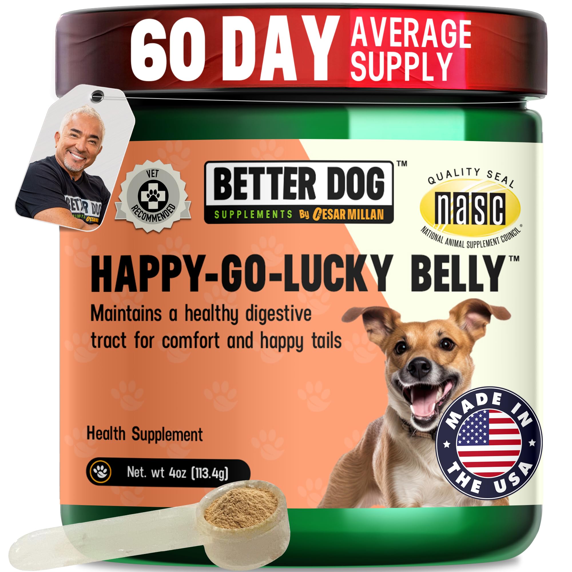 Better Dog Supplements par Cesar Millan – bouteille-poudre, soutien digestif doux pour chiens.