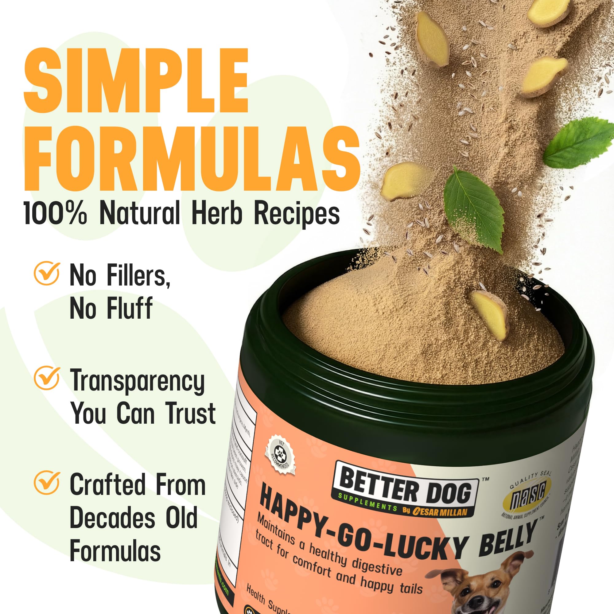 Better Dog Supplements par Cesar Millan – étiquette-ingredients claire indiquant la formule naturelle.