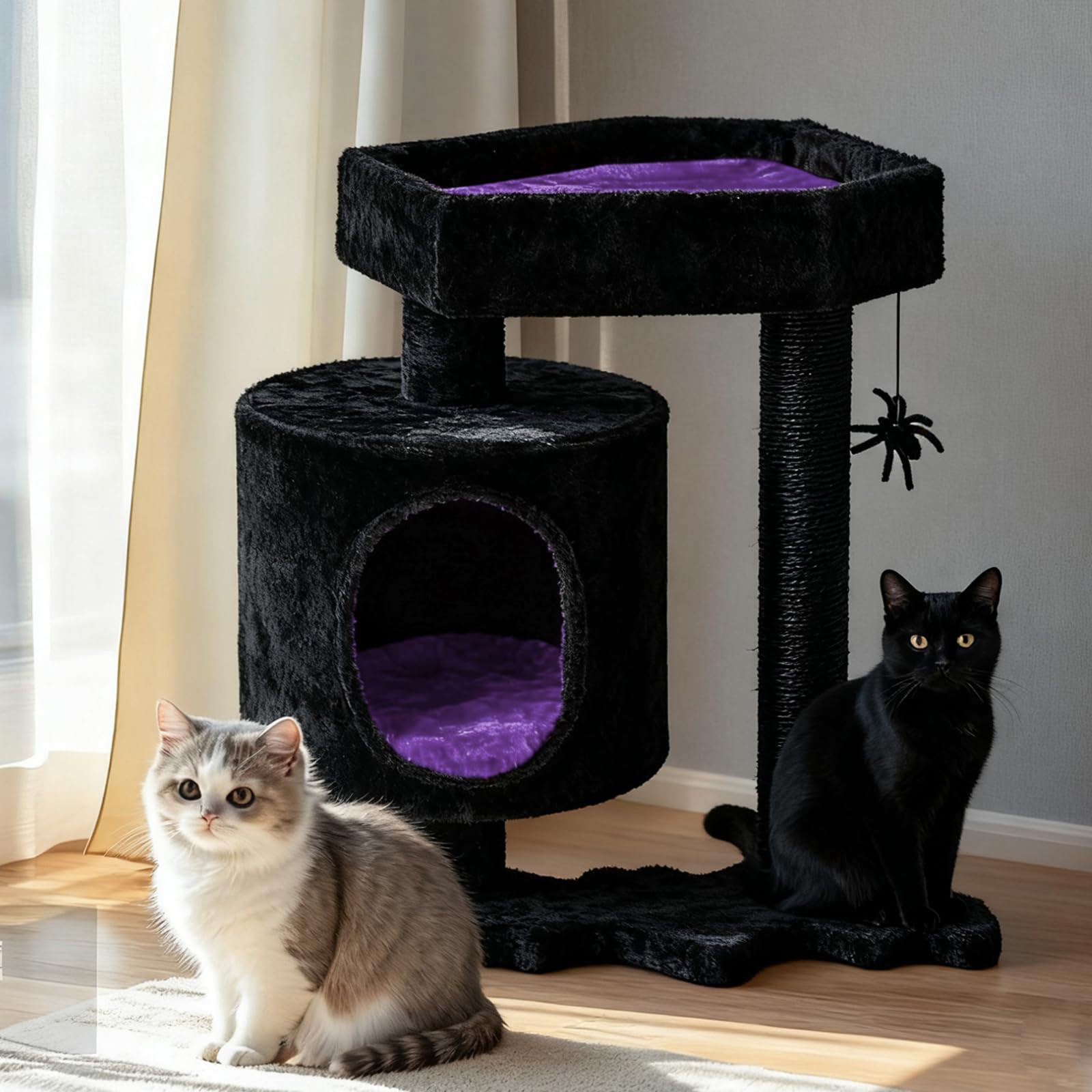 BEWISHOME Arbre à chat cercueil-lit violet et noir, refuge cocooning pour le repos nocturne.