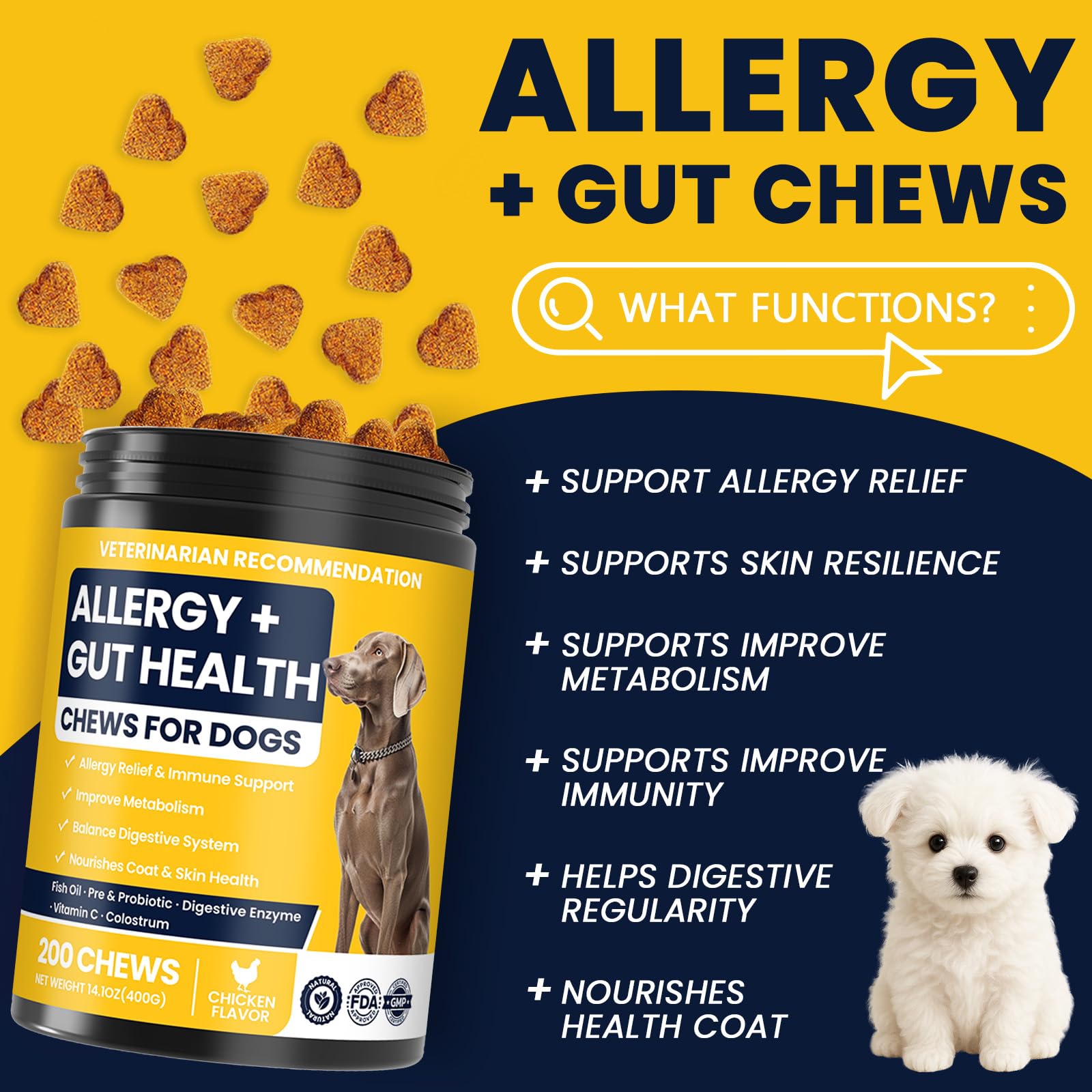 BFDEREN Immunite chien — soutien peau et poil, bouchées quotidiennes.
