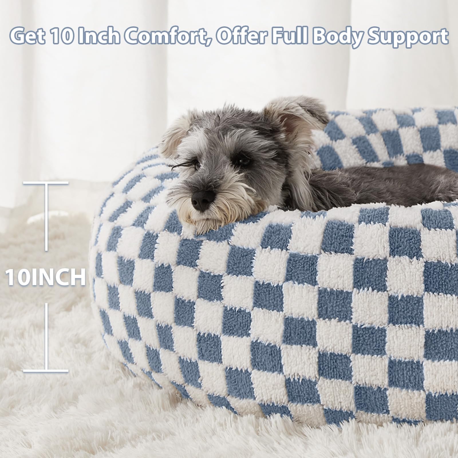 Lit donut BFPETHOME pour chien bleu, ouverture montrant rembourrage moelleux et soutien.