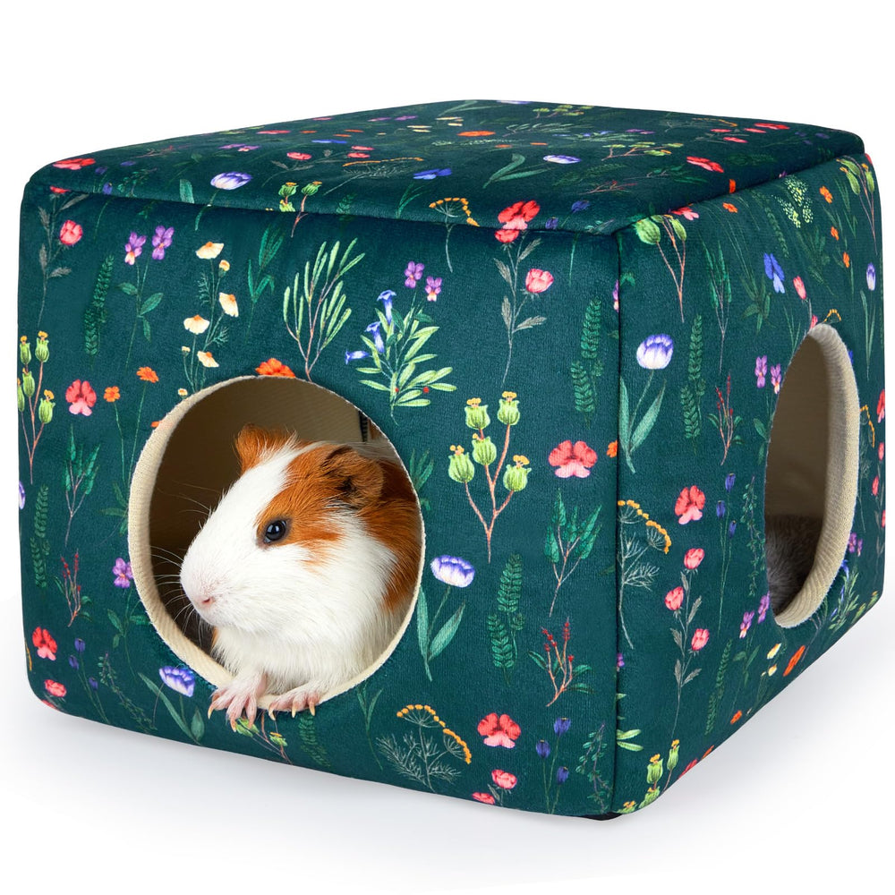 Bienbee refuge pour cobaye vert à fleurs, cachette douillette avec tapis amovible.