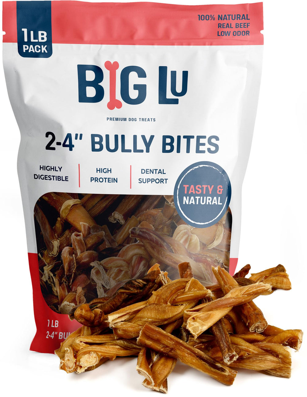 Big Lu bully-batons-2-4-pouces, longue mastication pour chiens qui aiment mastiquer.