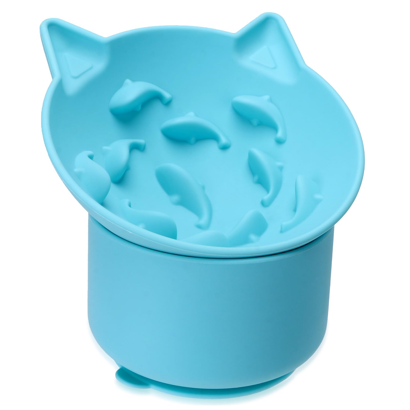 Gamelle lente Bikabpet en silicone bleu, design surélevé pour manger sans effort.