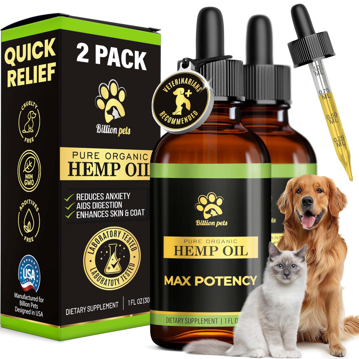 Huile de chanvre Billion Pets en flacon avec pipette, administration facile.
