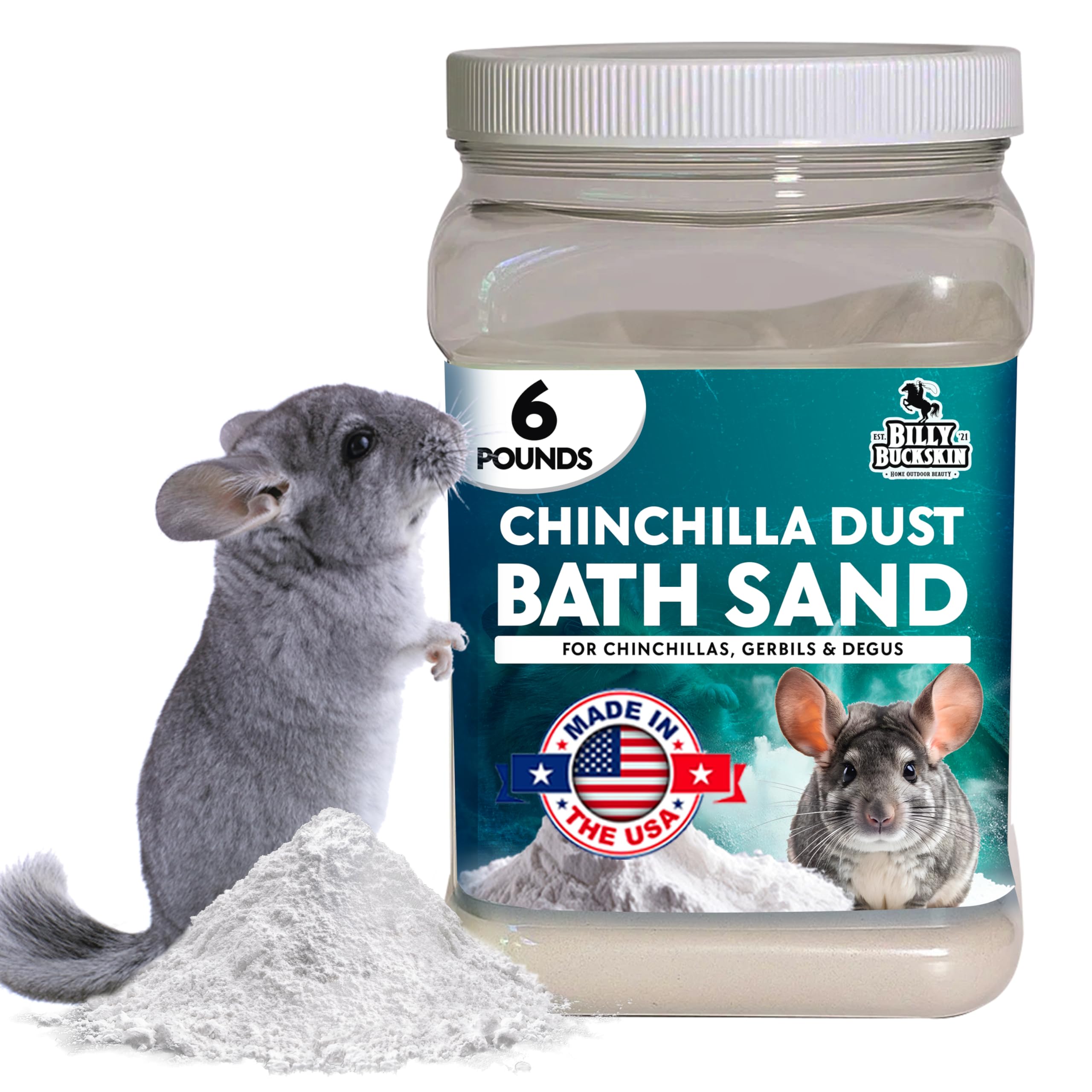 Bocal Billy Buckskin de 6 lb montrant la poudre de bain chinchilla naturelle et prête à l’emploi
