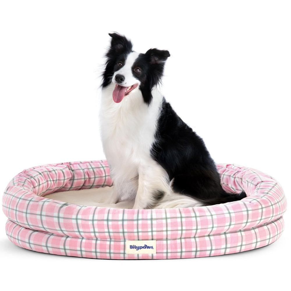 Lit orthopédique bilypaws pour gros chien, plaid rose, soutien et confort durable.