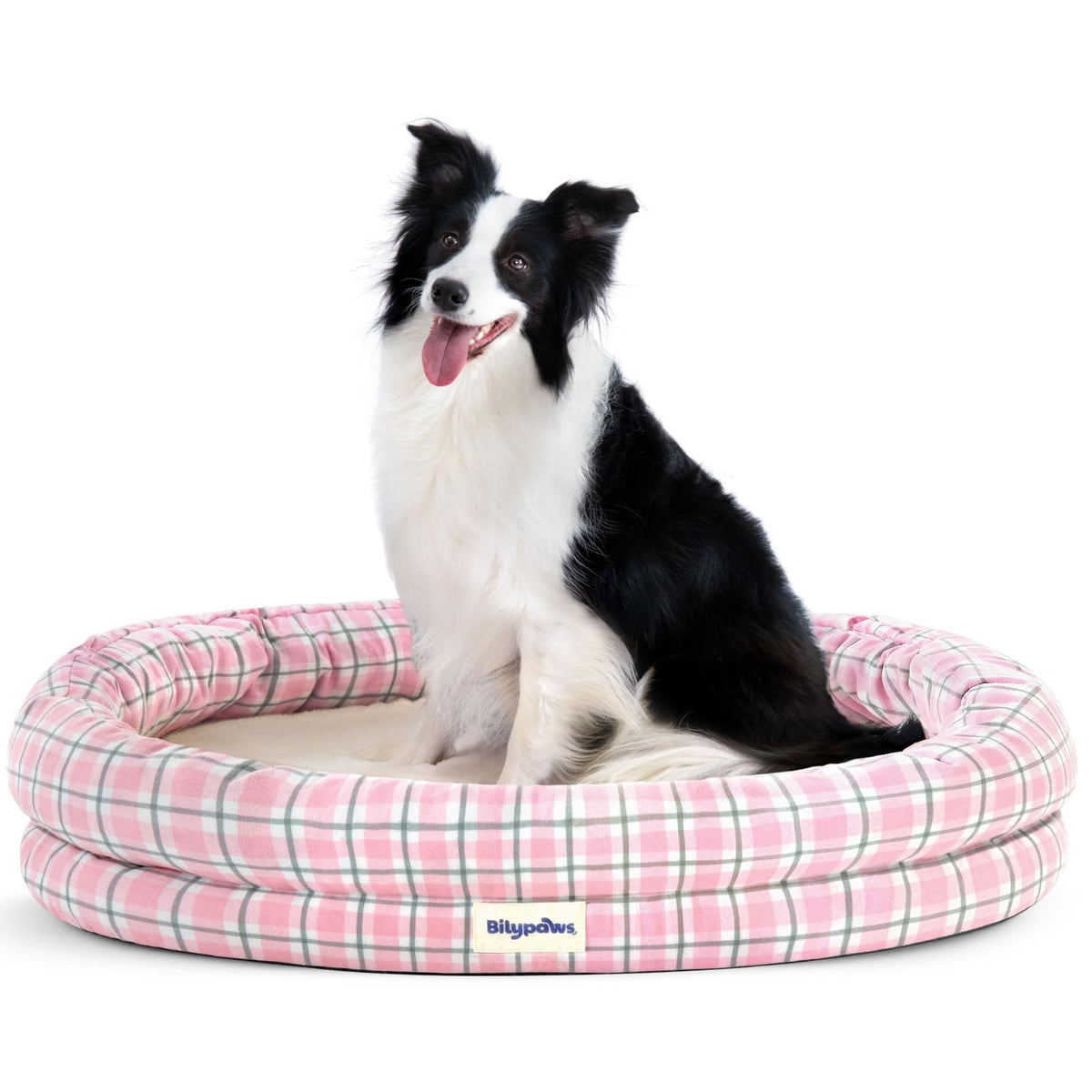 Lit orthopédique bilypaws pour gros chien, plaid rose, soutien et confort durable.