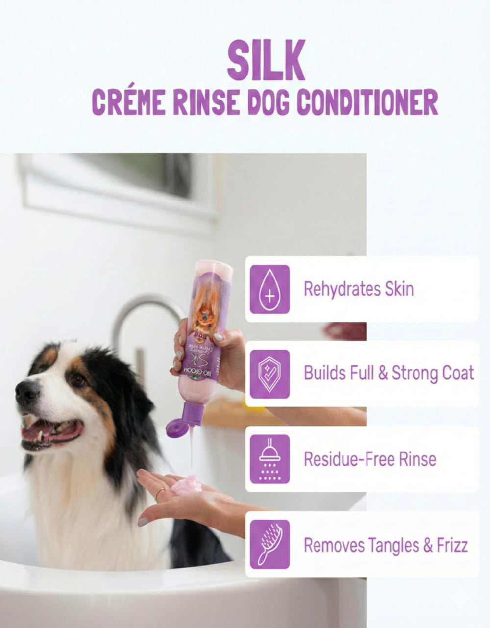 Bio-Groom poil du chien après soin, pelage éclairci et brillant.