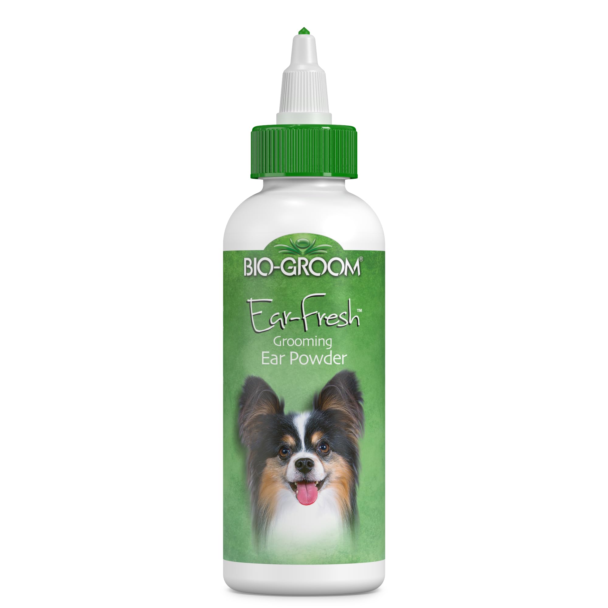 Bio-groom Poudre Oreilles dans la bouteille, usage pratique pour chiens et chats.