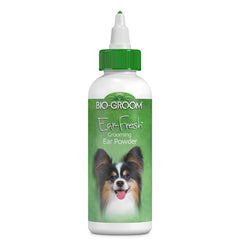 Bio-groom Poudre Oreilles dans la bouteille, usage pratique pour chiens et chats.
