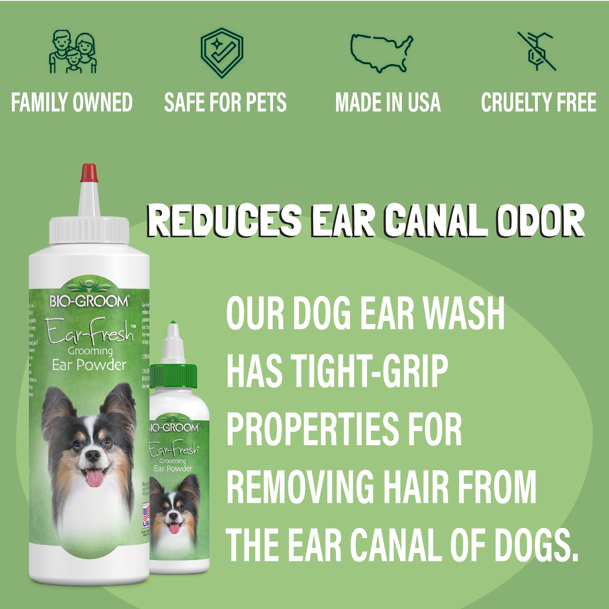 Bio-groom Poudre Oreilles, packaging sans cruauté et étiquette claire.