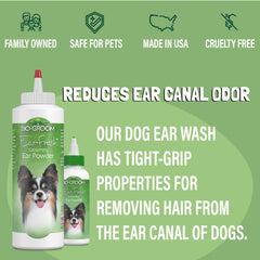 Bio-groom Poudre Oreilles, packaging sans cruauté et étiquette claire.