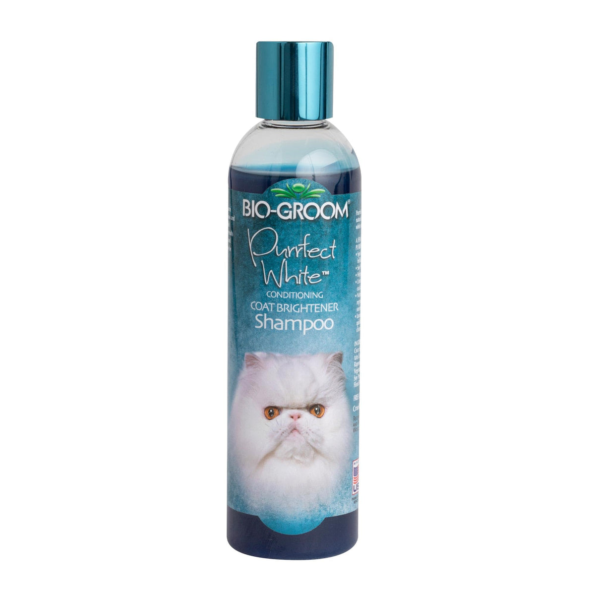 Bio-Groom Shampoing Chat Blanc dans une bouteille, prêt pour le lavage en douceur.