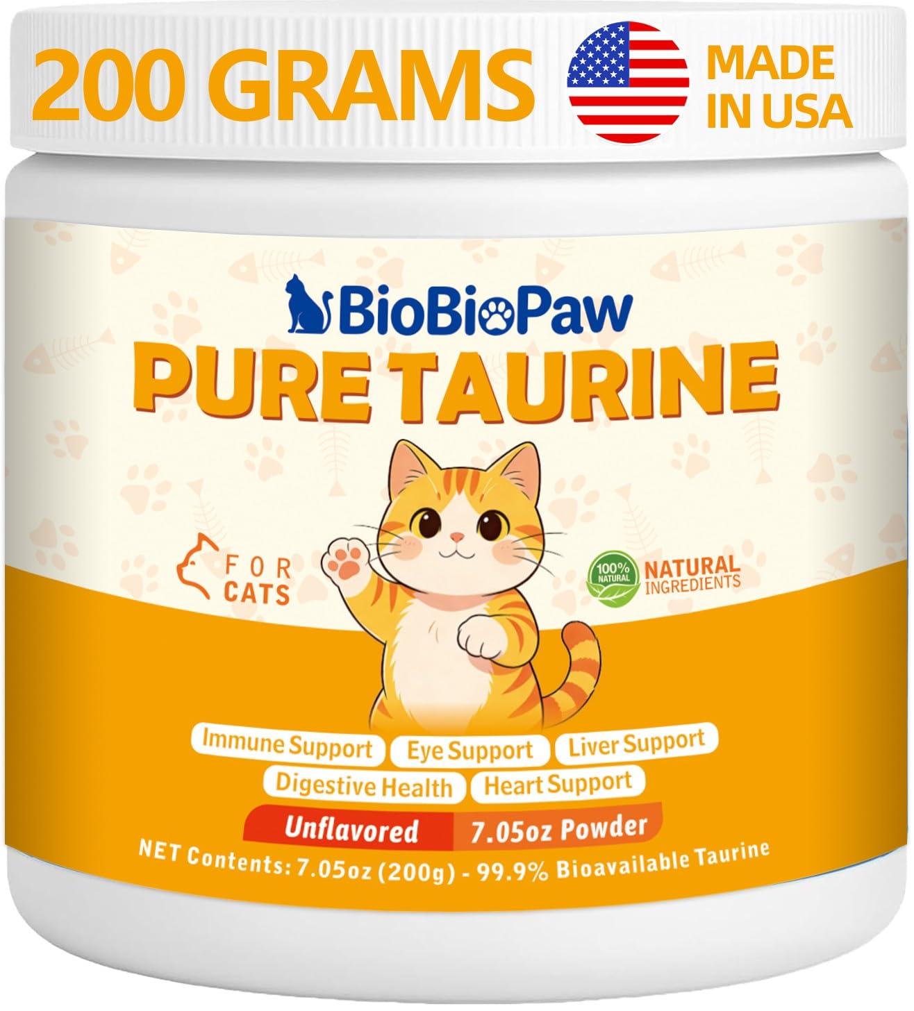 BioBiopaw Taurine, bocal de poudre chat, soutient la vitalité potentielle.