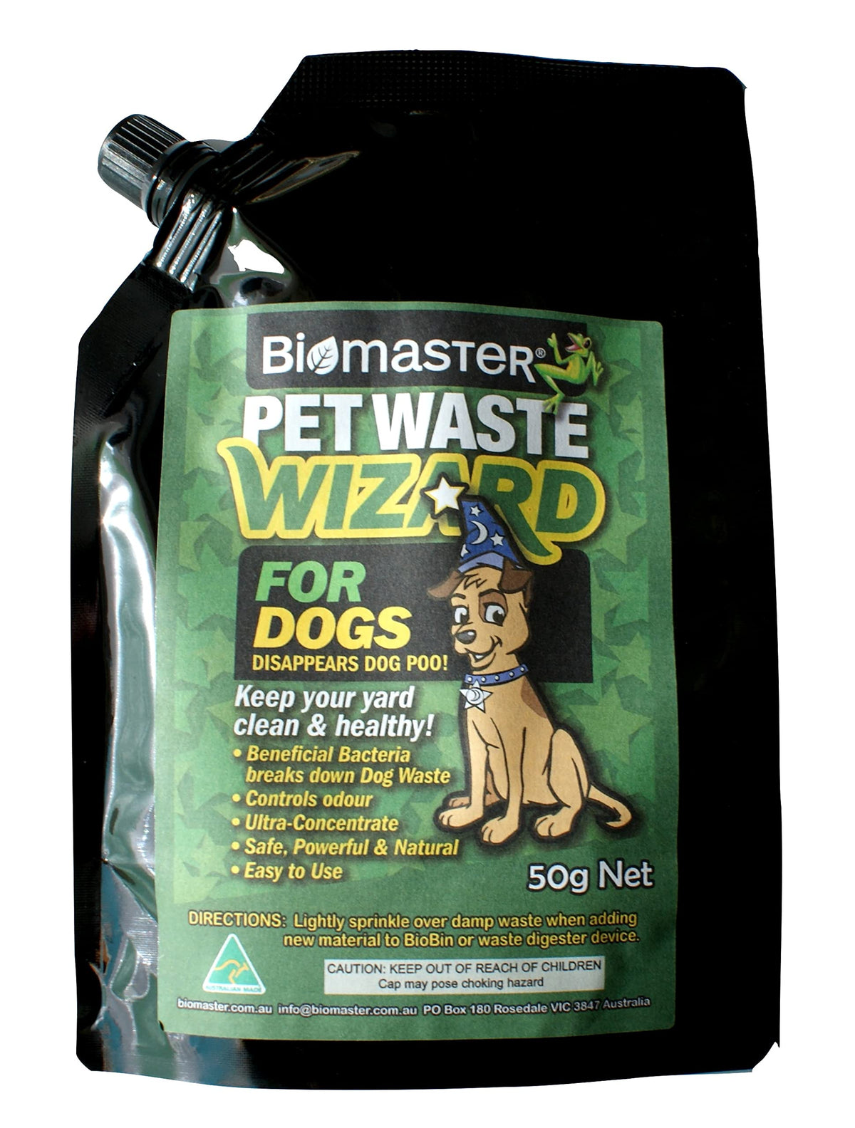 Biomaster Pet Waste Wizard embout 50g, décompose les déchets et réduit les odeurs.