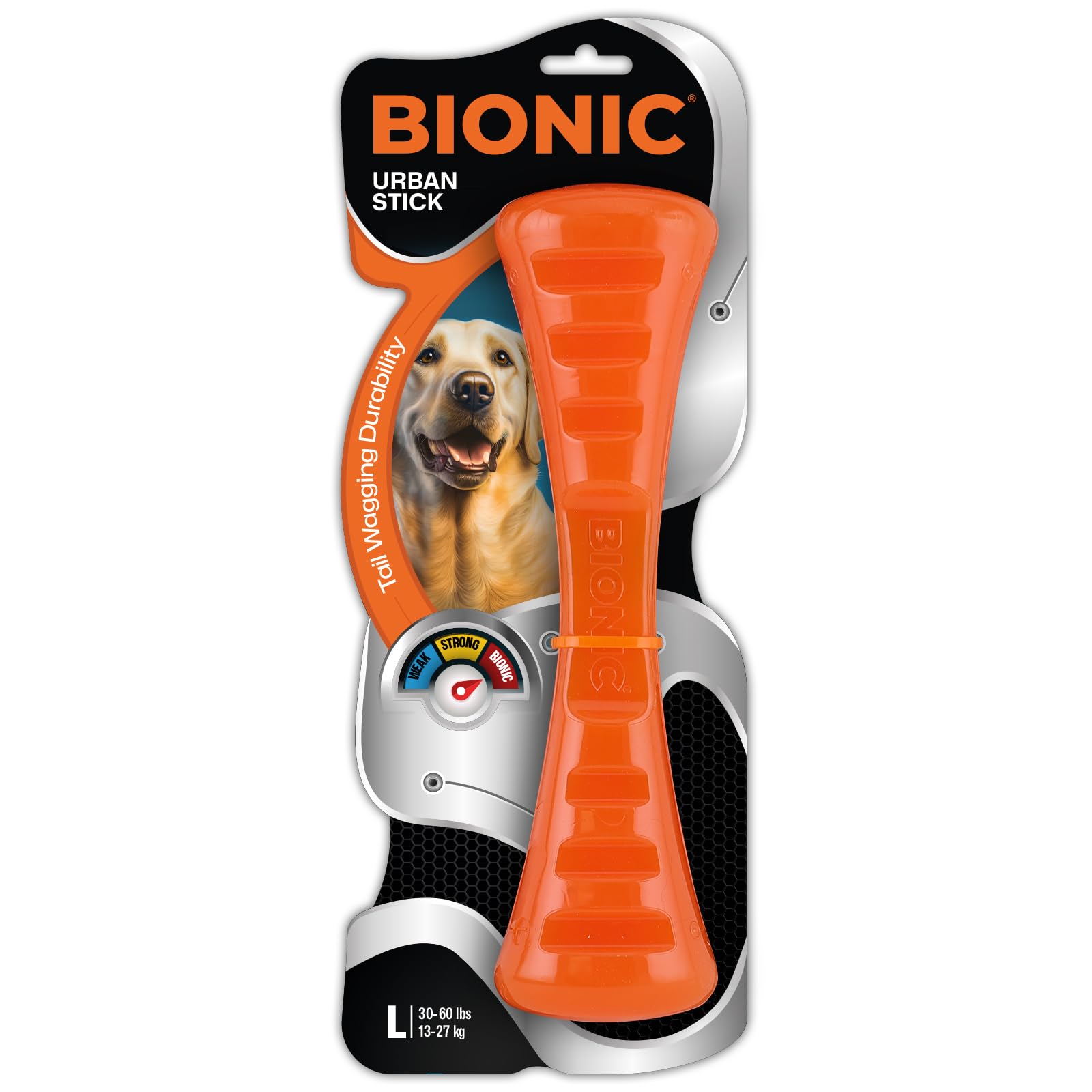 Jouet BIONIC Urban Stick, vue avant, robuste et durable pour mâchoires fortes.