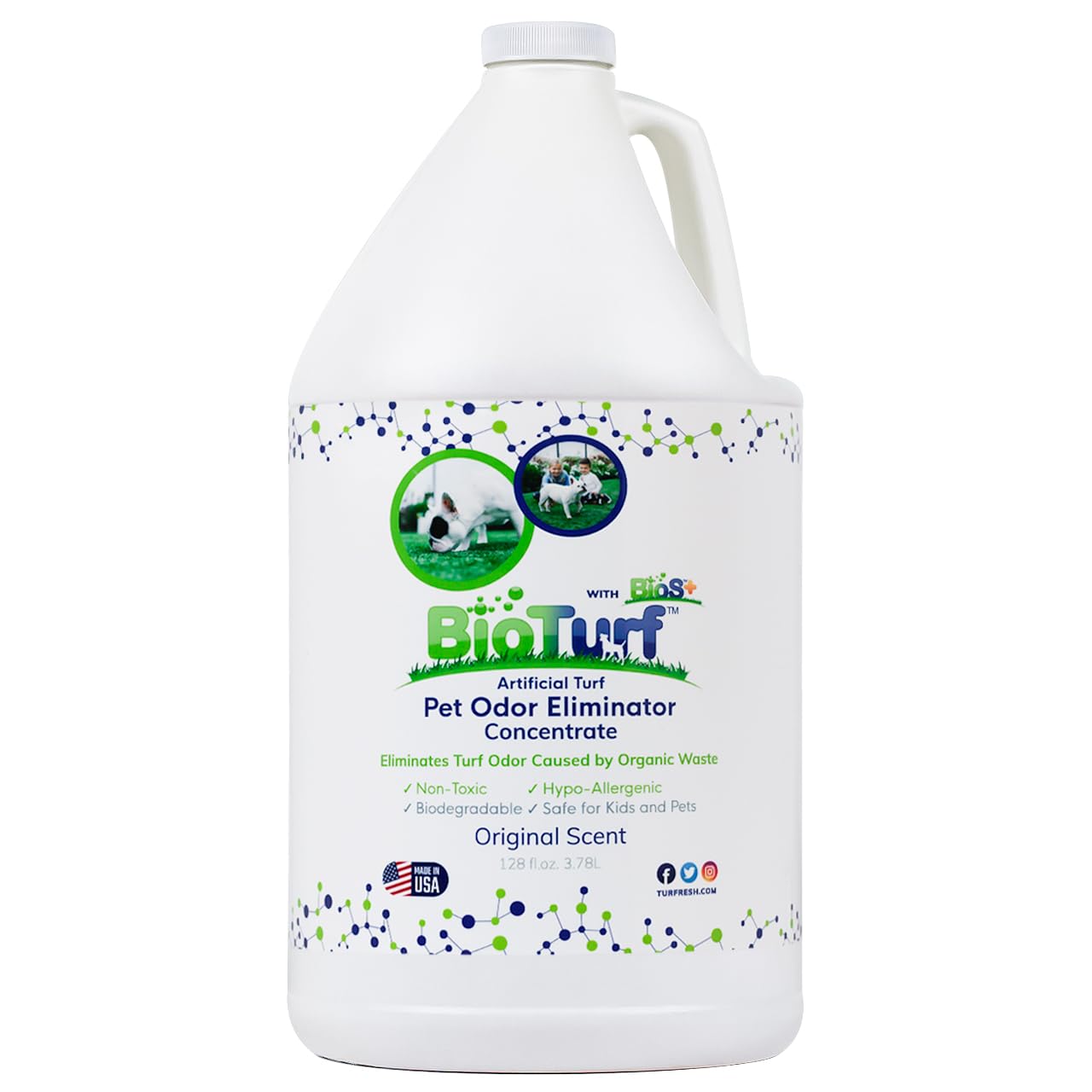 BioTurf BioS+ concentré en bouteille, prêt pour le nettoyage extérieur des odeurs.