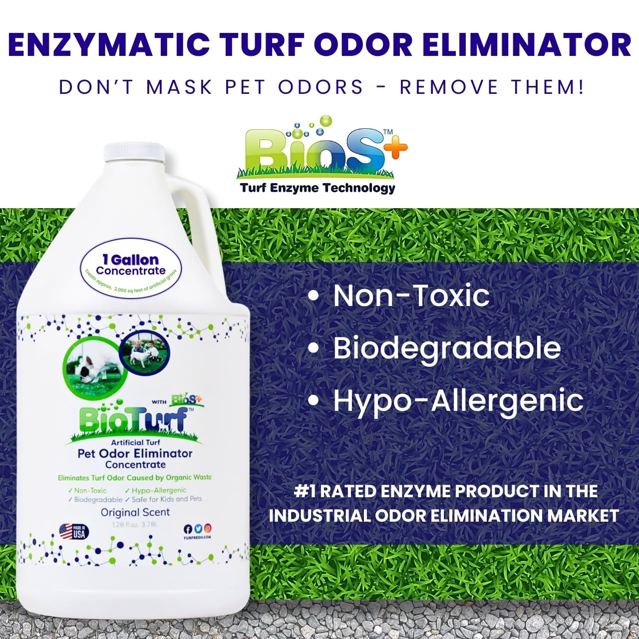 BioTurf BioS+ neutralise les sources d’odeurs d’urine canine sur patio et dallage.